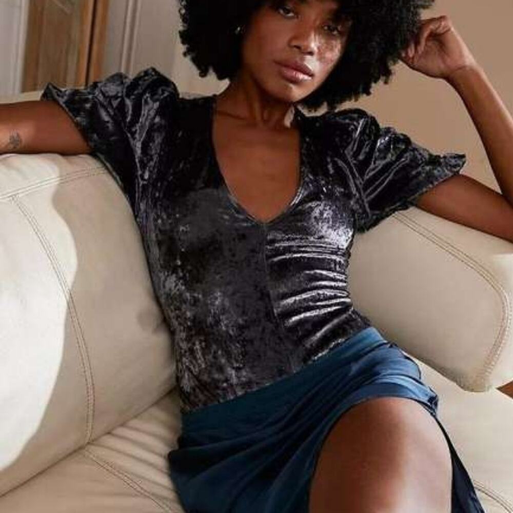 NWT Free People Don't You Wish Velvet Bodysuit V-neck Gray Blue Size XS